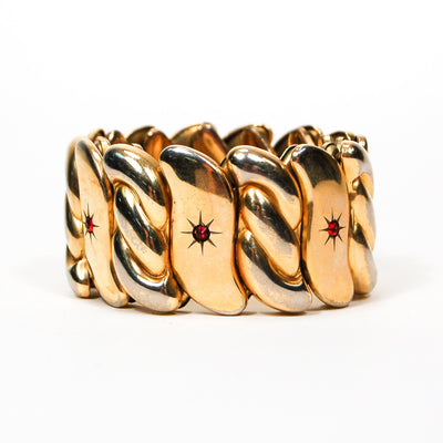 Bugbee and Niles Gold Expansion Bracelet with Red Rhinestones by Bugbee and Niles - Vintage Meet Modern Vintage Jewelry - Chicago, Illinois - #oldhollywoodglamour #vintagemeetmodern #designervintage #jewelrybox #antiquejewelry #vintagejewelry