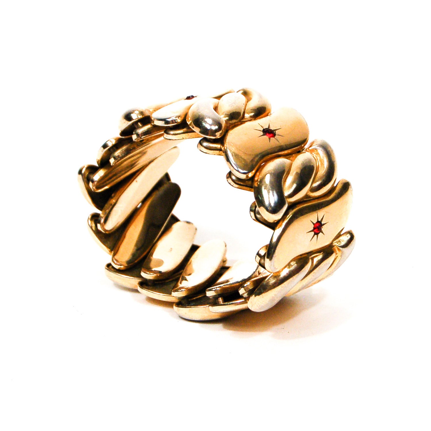 Bugbee and Niles Gold Expansion Bracelet with Red Rhinestones by Bugbee and Niles - Vintage Meet Modern Vintage Jewelry - Chicago, Illinois - #oldhollywoodglamour #vintagemeetmodern #designervintage #jewelrybox #antiquejewelry #vintagejewelry