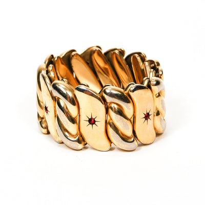 Bugbee and Niles Gold Expansion Bracelet with Red Rhinestones by Bugbee and Niles - Vintage Meet Modern Vintage Jewelry - Chicago, Illinois - #oldhollywoodglamour #vintagemeetmodern #designervintage #jewelrybox #antiquejewelry #vintagejewelry