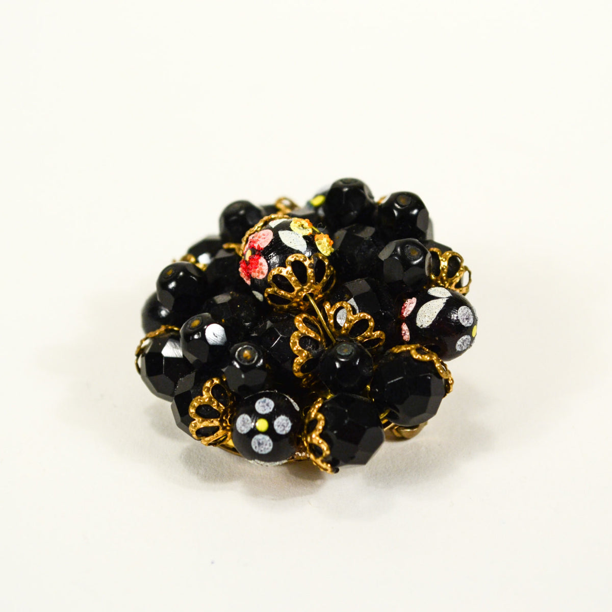 Black Bead Brooch with Hand Painted Floral Beads