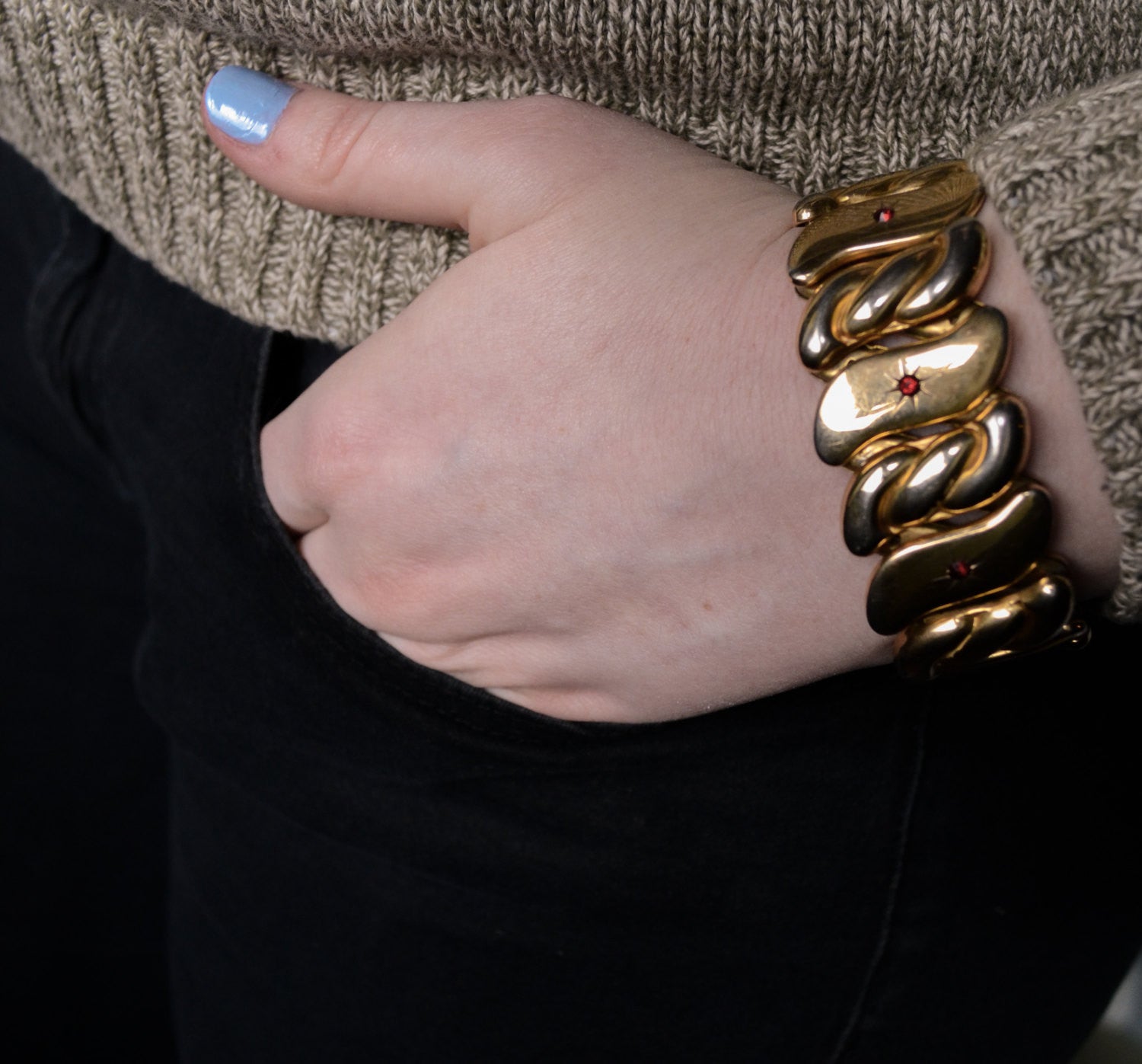 Bugbee and Niles Gold Expansion Bracelet with Red Rhinestones by Bugbee and Niles - Vintage Meet Modern Vintage Jewelry - Chicago, Illinois - #oldhollywoodglamour #vintagemeetmodern #designervintage #jewelrybox #antiquejewelry #vintagejewelry