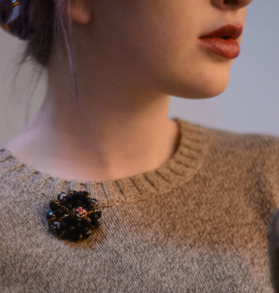 Black Bead Brooch with Hand Painted Floral Beads by Unsigned Beauty - Vintage Meet Modern Vintage Jewelry - Chicago, Illinois - #oldhollywoodglamour #vintagemeetmodern #designervintage #jewelrybox #antiquejewelry #vintagejewelry