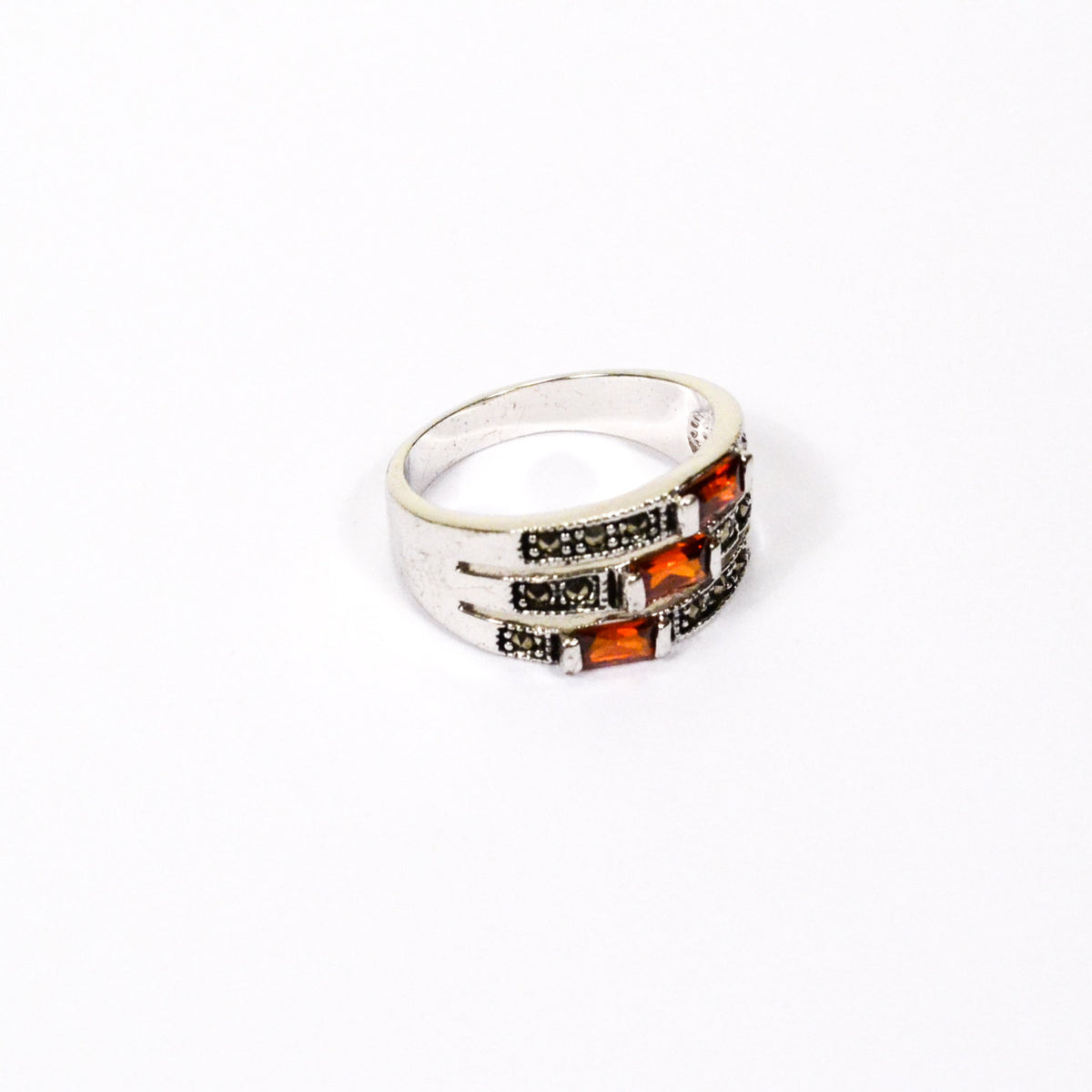 Garnet and Marcasite Sterling Silver Stacked Band Ring
