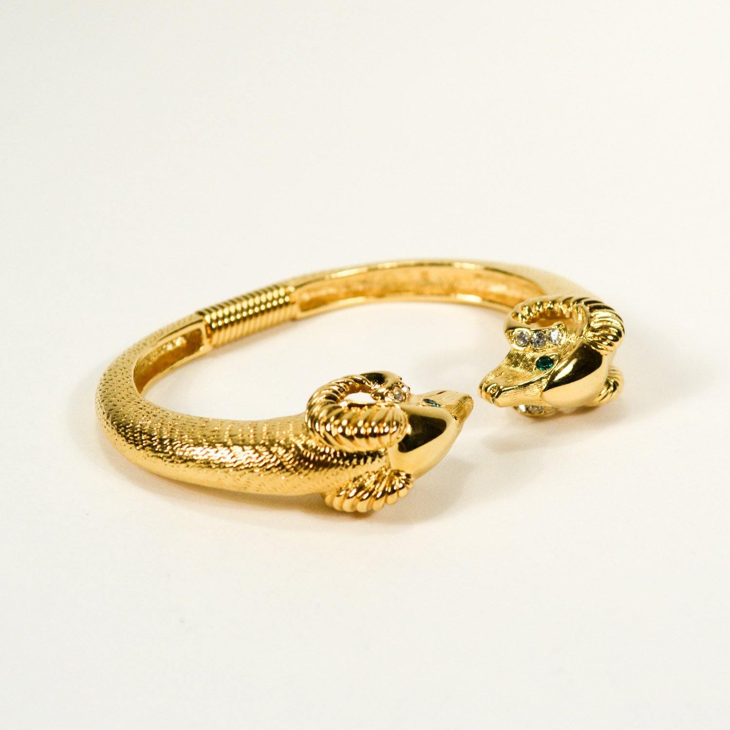 KJL Rams Head Bracelet, KJL for Avon, Kenneth Jay Lane, Gold, Figural Bracelet, Rhinestones, Designer Vintage Jewelry, Collectible by Kenneth Jay Lane - Vintage Meet Modern Vintage Jewelry - Chicago, Illinois - #oldhollywoodglamour #vintagemeetmodern #designervintage #jewelrybox #antiquejewelry #vintagejewelry