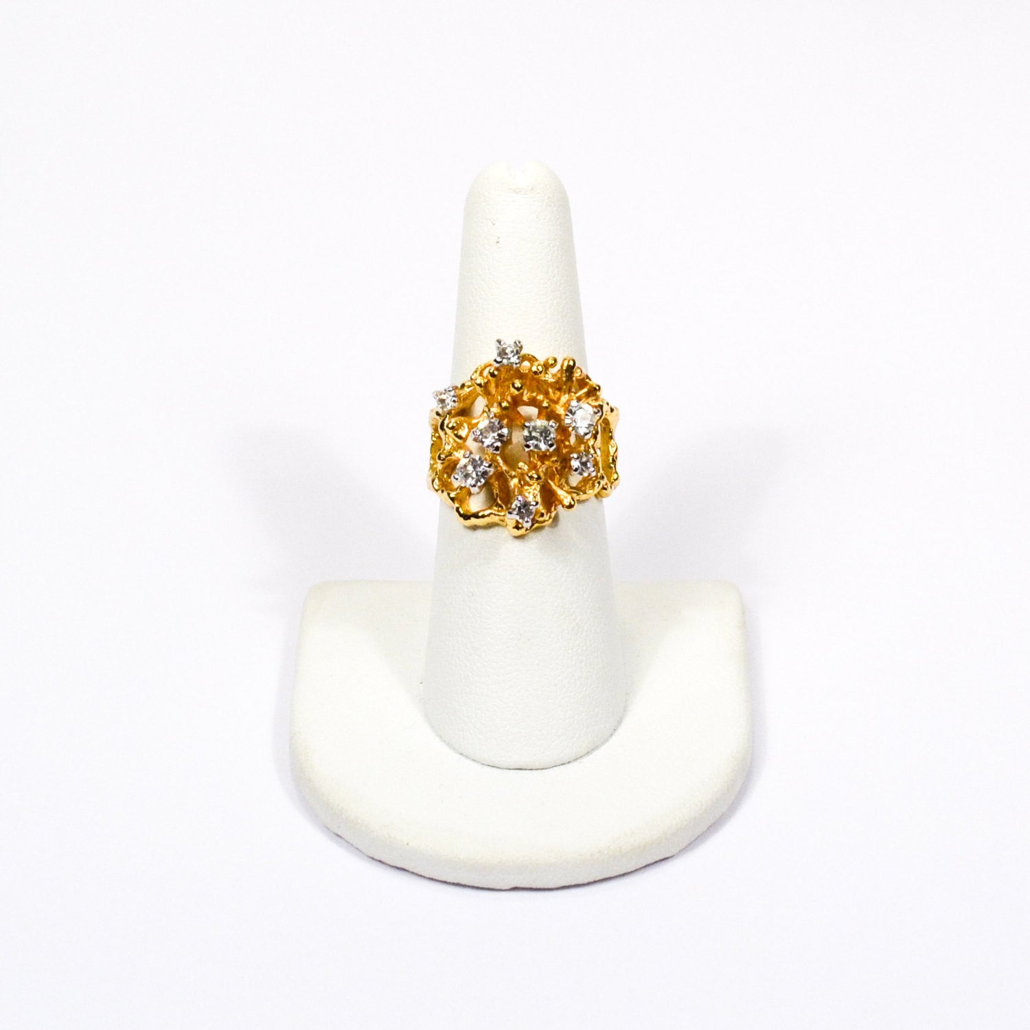 Gold Rhinestone Brutalist Modern Style Statement Ring by Unsigned Beauty - Vintage Meet Modern Vintage Jewelry - Chicago, Illinois - #oldhollywoodglamour #vintagemeetmodern #designervintage #jewelrybox #antiquejewelry #vintagejewelry
