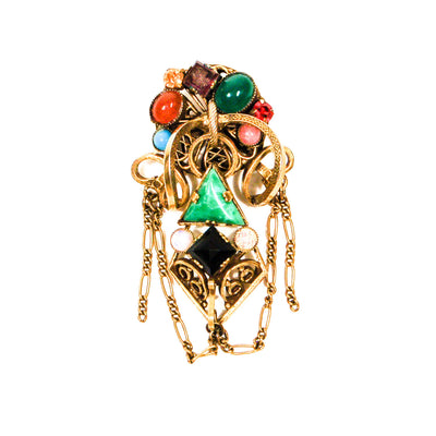 Colorful Art Glass, Czech Brooch, Victorian Revival, Antique Gold Tone, Carnelian, Jade, Cameos, Opal, Turquoise, Rhinestones by Unsigned Beauty - Vintage Meet Modern Vintage Jewelry - Chicago, Illinois - #oldhollywoodglamour #vintagemeetmodern #designervintage #jewelrybox #antiquejewelry #vintagejewelry
