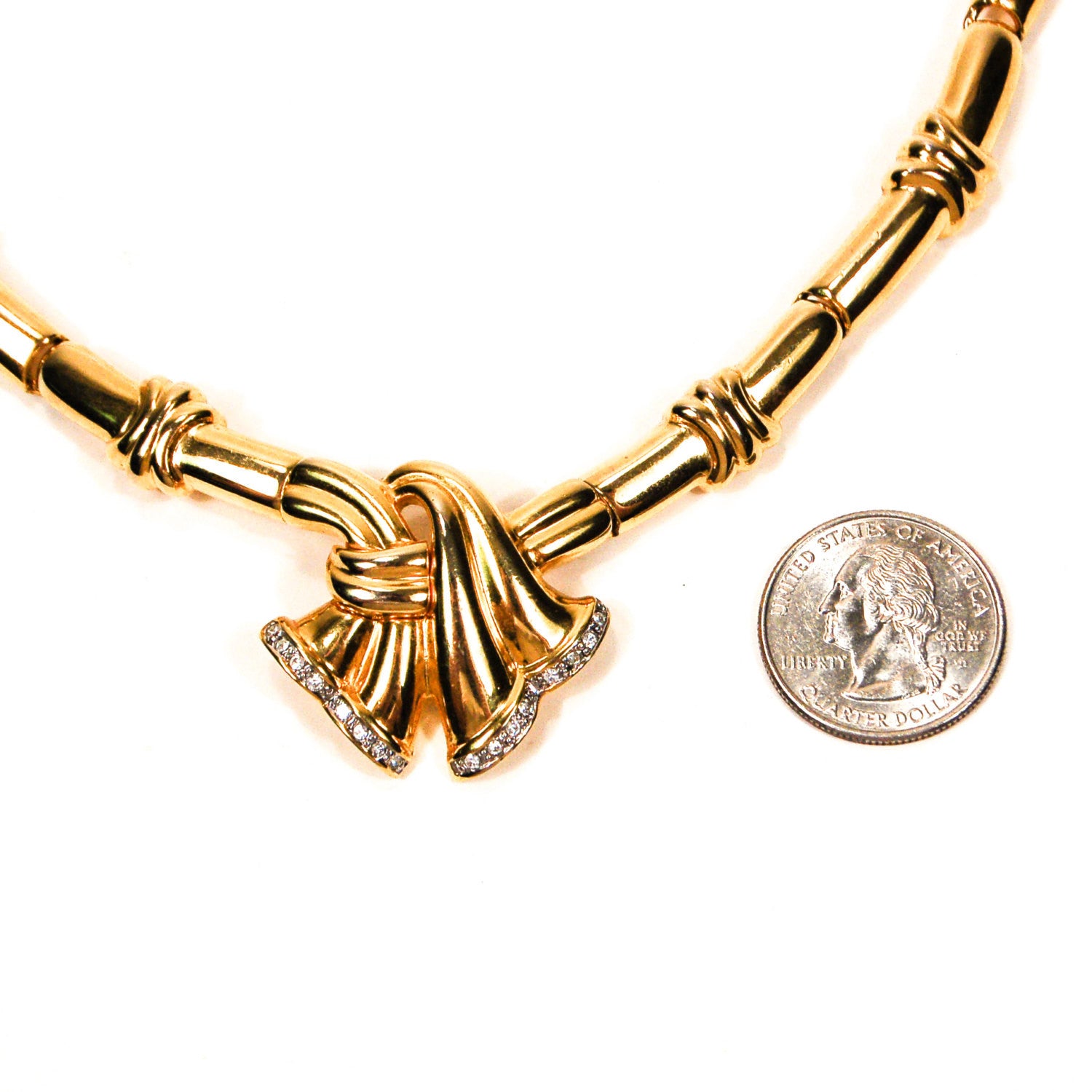 Gold Ribbon with Rhinestones Necklace by Unsigned Beauty - Vintage Meet Modern Vintage Jewelry - Chicago, Illinois - #oldhollywoodglamour #vintagemeetmodern #designervintage #jewelrybox #antiquejewelry #vintagejewelry