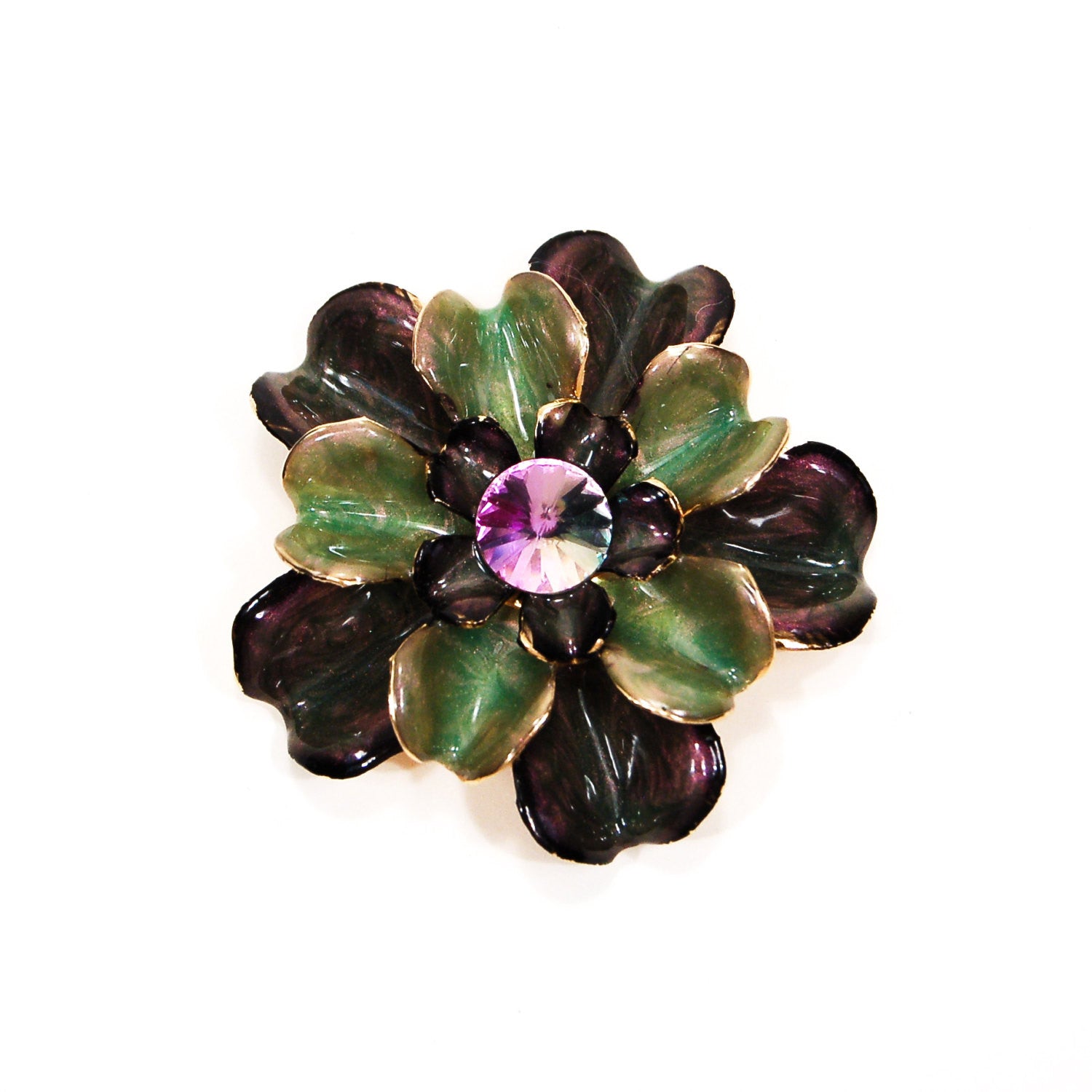 Purple and Green Enamel Flower Brooch by Unsigned Beauty - Vintage Meet Modern Vintage Jewelry - Chicago, Illinois - #oldhollywoodglamour #vintagemeetmodern #designervintage #jewelrybox #antiquejewelry #vintagejewelry