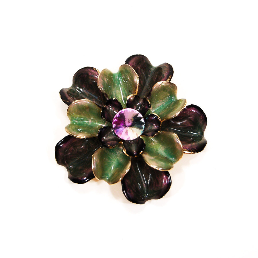Purple and Green Enamel Flower Brooch by Unsigned Beauty - Vintage Meet Modern Vintage Jewelry - Chicago, Illinois - #oldhollywoodglamour #vintagemeetmodern #designervintage #jewelrybox #antiquejewelry #vintagejewelry