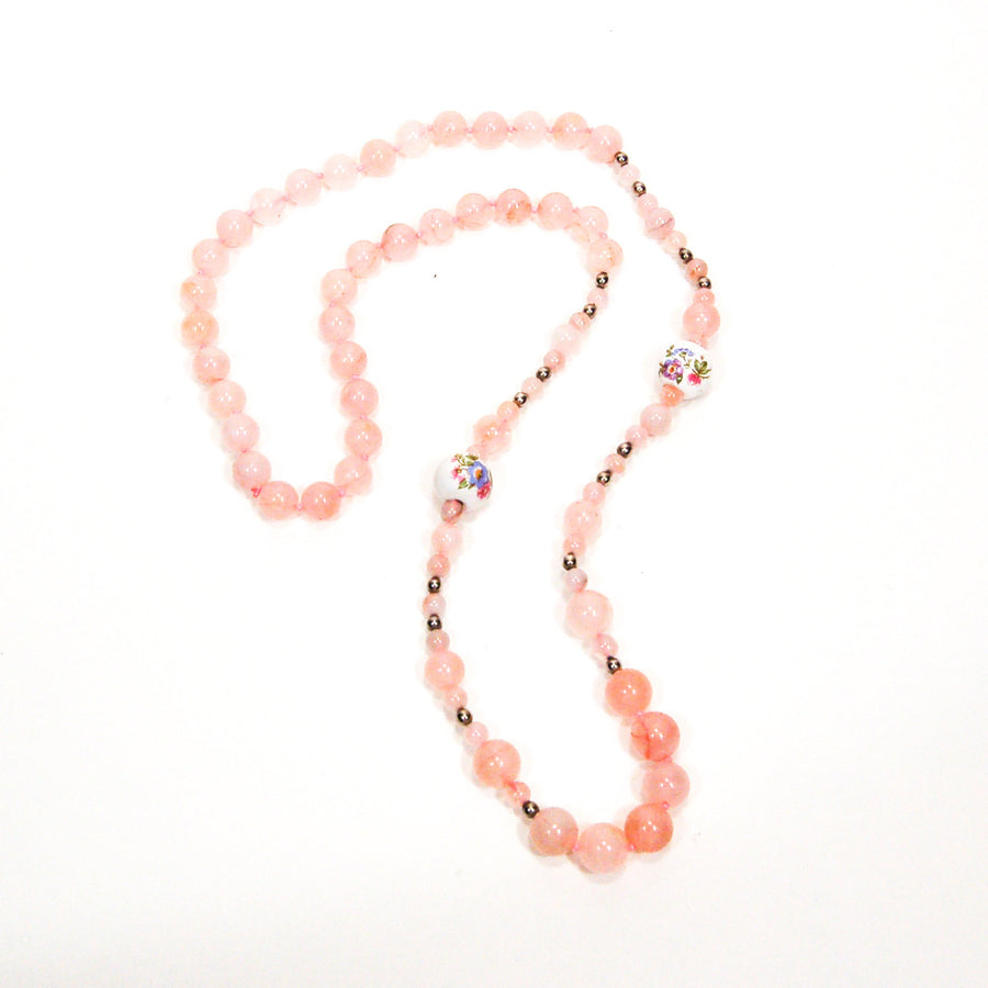 Rose Quartz and Porcelain Floral Bead Necklace by Unsigned Beauty - Vintage Meet Modern Vintage Jewelry - Chicago, Illinois - #oldhollywoodglamour #vintagemeetmodern #designervintage #jewelrybox #antiquejewelry #vintagejewelry