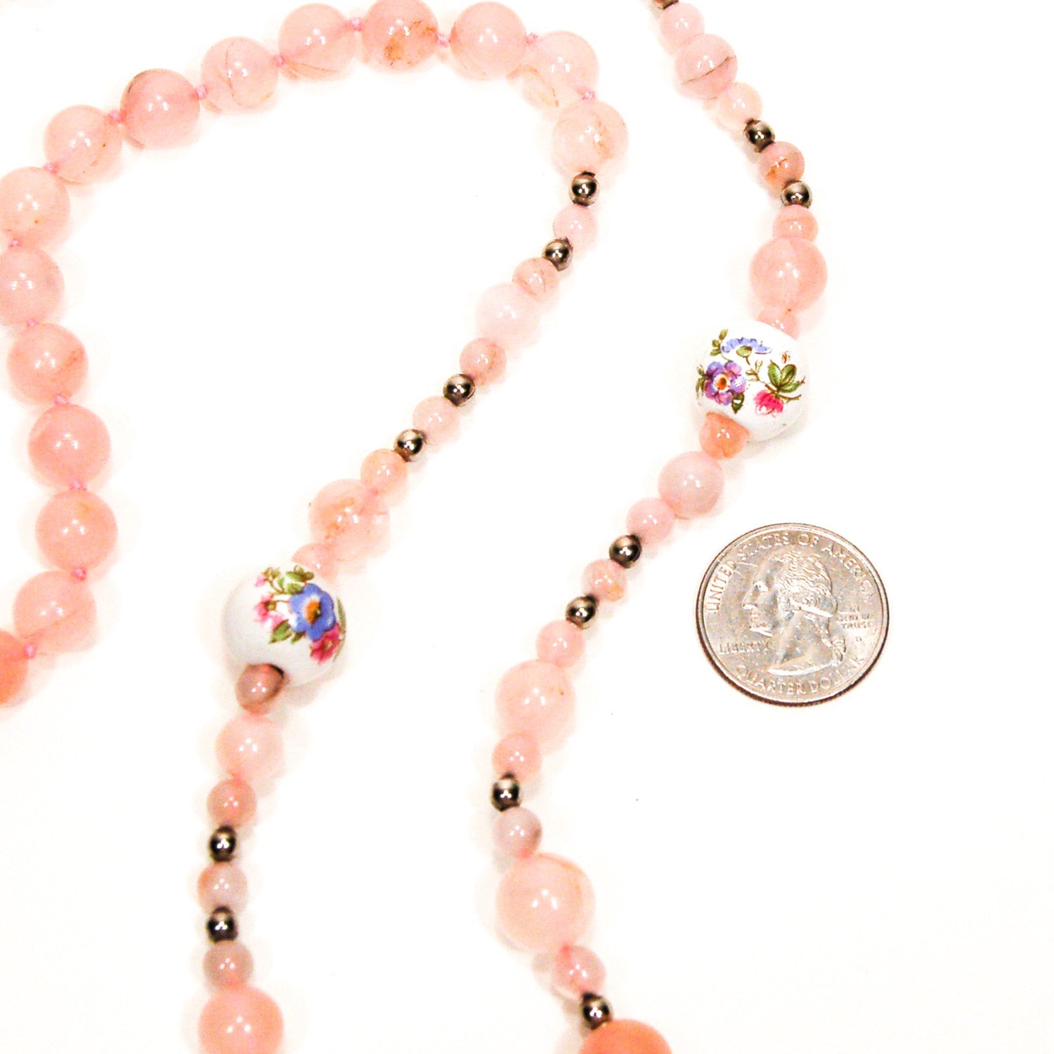 Rose Quartz and Porcelain Floral Bead Necklace by Unsigned Beauty - Vintage Meet Modern Vintage Jewelry - Chicago, Illinois - #oldhollywoodglamour #vintagemeetmodern #designervintage #jewelrybox #antiquejewelry #vintagejewelry