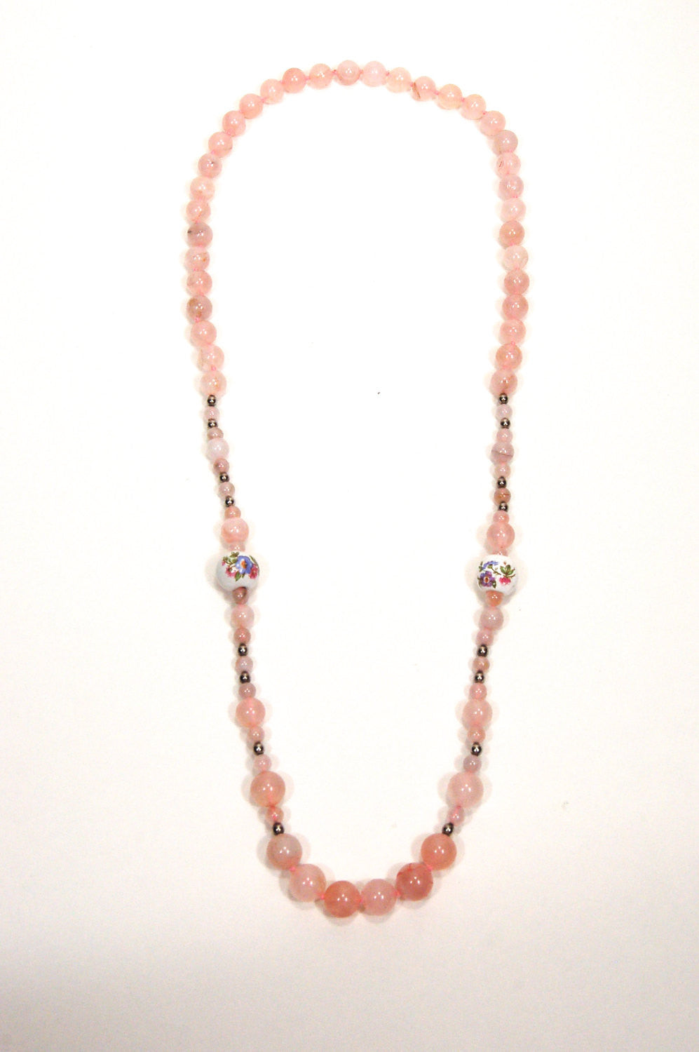 Rose Quartz and Porcelain Floral Bead Necklace by Unsigned Beauty - Vintage Meet Modern Vintage Jewelry - Chicago, Illinois - #oldhollywoodglamour #vintagemeetmodern #designervintage #jewelrybox #antiquejewelry #vintagejewelry