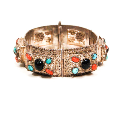 Bohemian Chic Blue Goldstone, Turquoise, Coral Silver Filigree Panel Bracelet by Unsigned Beauty - Vintage Meet Modern Vintage Jewelry - Chicago, Illinois - #oldhollywoodglamour #vintagemeetmodern #designervintage #jewelrybox #antiquejewelry #vintagejewelry