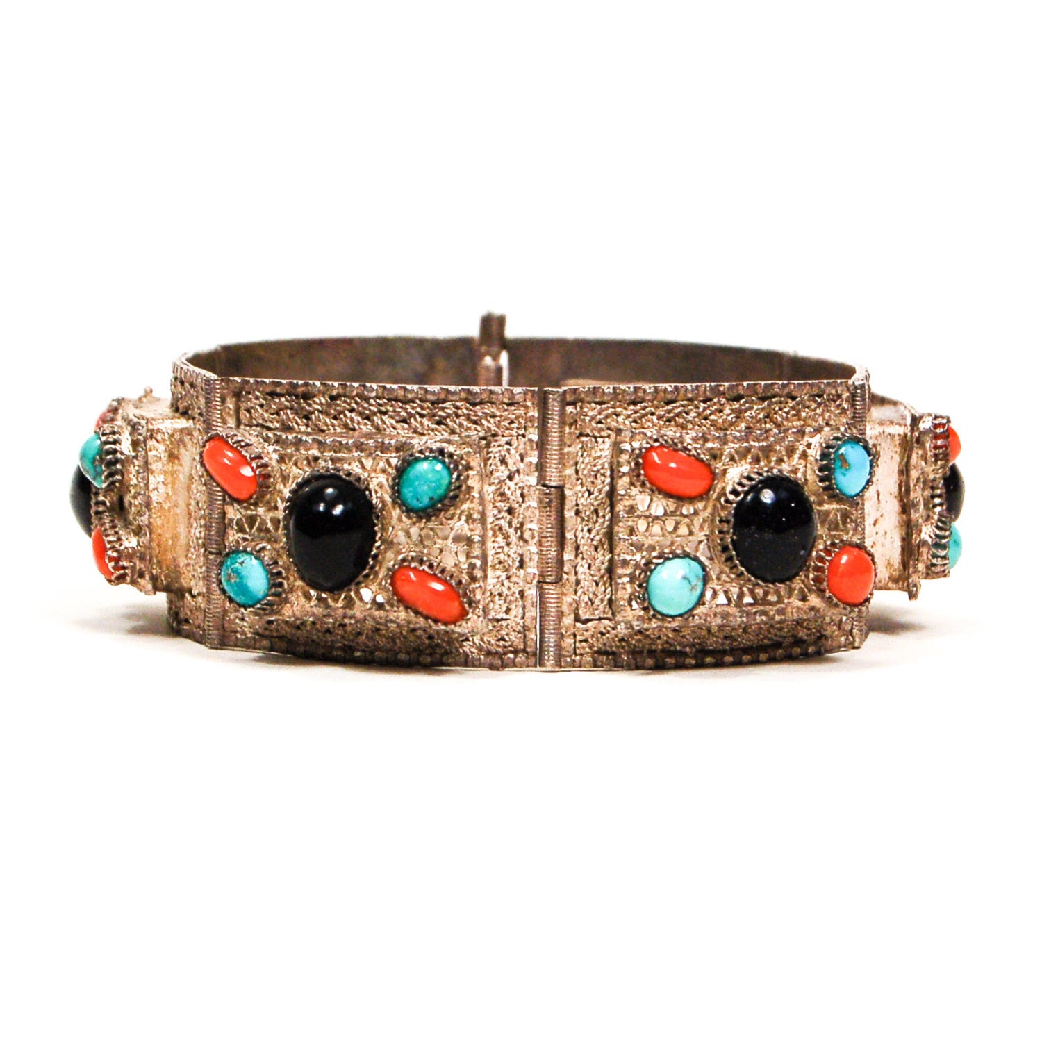 Bohemian Chic Blue Goldstone, Turquoise, Coral Silver Filigree Panel Bracelet by Unsigned Beauty - Vintage Meet Modern Vintage Jewelry - Chicago, Illinois - #oldhollywoodglamour #vintagemeetmodern #designervintage #jewelrybox #antiquejewelry #vintagejewelry