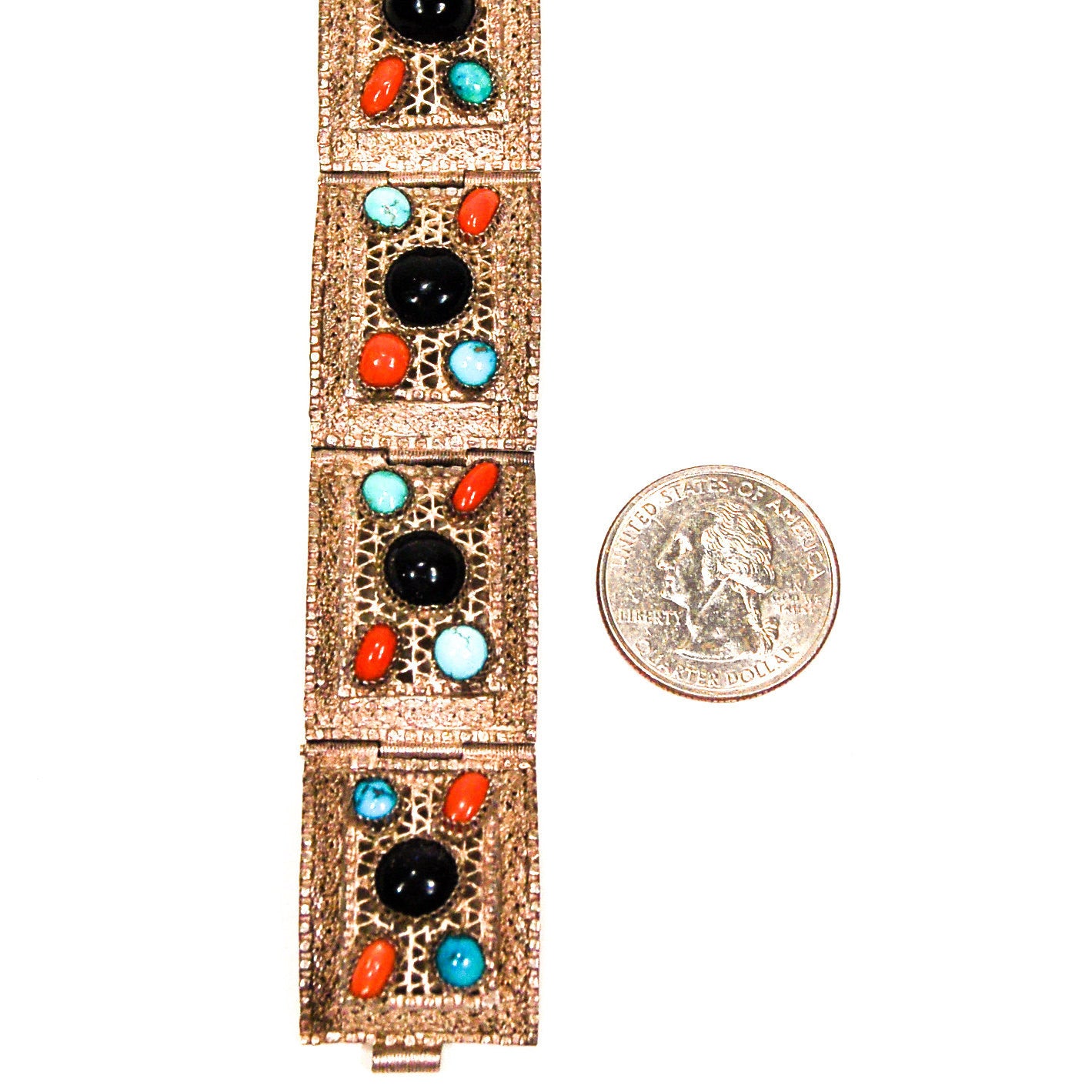 Bohemian Chic Blue Goldstone, Turquoise, Coral Silver Filigree Panel Bracelet by Unsigned Beauty - Vintage Meet Modern Vintage Jewelry - Chicago, Illinois - #oldhollywoodglamour #vintagemeetmodern #designervintage #jewelrybox #antiquejewelry #vintagejewelry