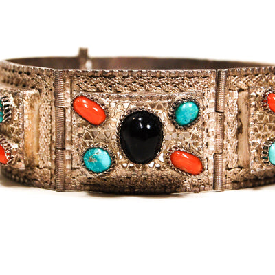 Bohemian Chic Blue Goldstone, Turquoise, Coral Silver Filigree Panel Bracelet by Unsigned Beauty - Vintage Meet Modern Vintage Jewelry - Chicago, Illinois - #oldhollywoodglamour #vintagemeetmodern #designervintage #jewelrybox #antiquejewelry #vintagejewelry