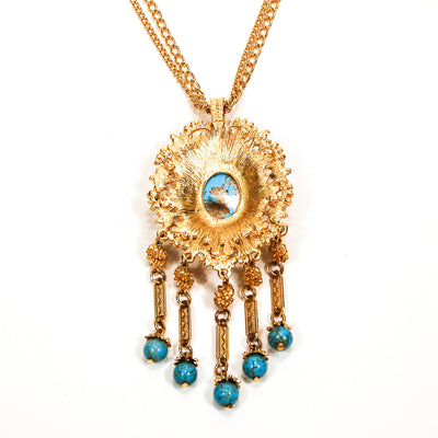 Gold and Turquoise Etruscan Statement Necklace by Unsigned Beauty - Vintage Meet Modern Vintage Jewelry - Chicago, Illinois - #oldhollywoodglamour #vintagemeetmodern #designervintage #jewelrybox #antiquejewelry #vintagejewelry