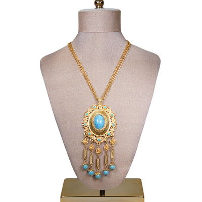 Gold and Turquoise Etruscan Statement Necklace by Unsigned Beauty - Vintage Meet Modern Vintage Jewelry - Chicago, Illinois - #oldhollywoodglamour #vintagemeetmodern #designervintage #jewelrybox #antiquejewelry #vintagejewelry