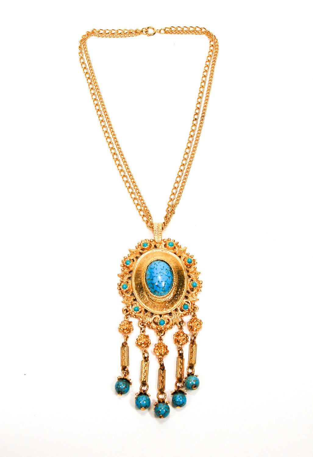Gold and Turquoise Etruscan Statement Necklace by Unsigned Beauty - Vintage Meet Modern Vintage Jewelry - Chicago, Illinois - #oldhollywoodglamour #vintagemeetmodern #designervintage #jewelrybox #antiquejewelry #vintagejewelry