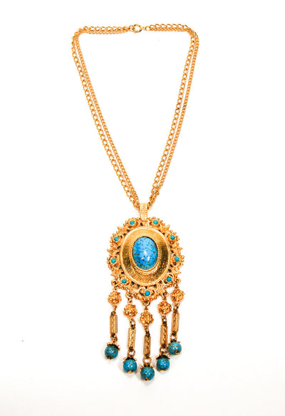 Gold and Turquoise Etruscan Statement Necklace by Unsigned Beauty - Vintage Meet Modern Vintage Jewelry - Chicago, Illinois - #oldhollywoodglamour #vintagemeetmodern #designervintage #jewelrybox #antiquejewelry #vintagejewelry