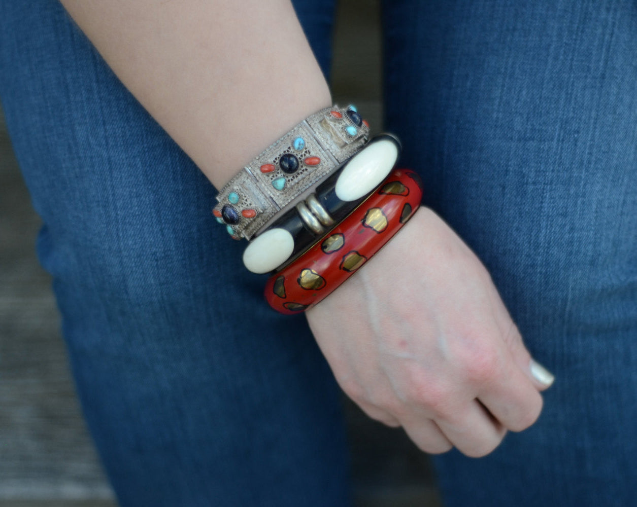 Bohemian Chic Blue Goldstone, Turquoise, Coral Silver Filigree Panel Bracelet by Unsigned Beauty - Vintage Meet Modern Vintage Jewelry - Chicago, Illinois - #oldhollywoodglamour #vintagemeetmodern #designervintage #jewelrybox #antiquejewelry #vintagejewelry