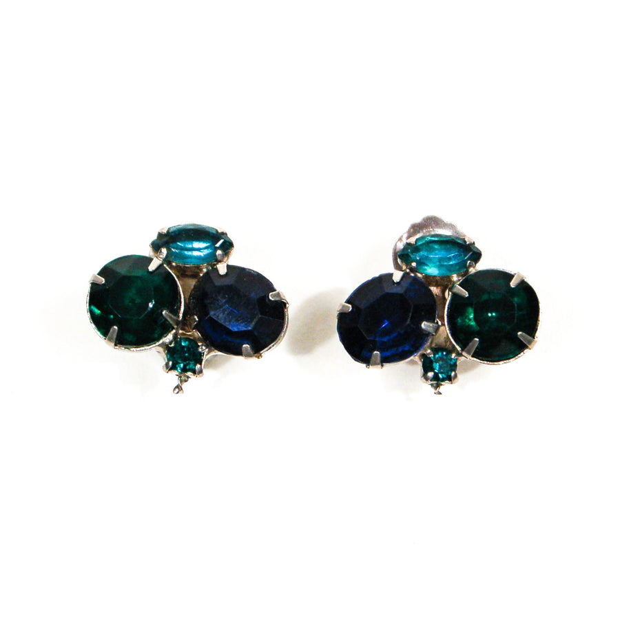Peacock Blue Green Triplet Rhinestone Earrings by Unsigned Beauty - Vintage Meet Modern Vintage Jewelry - Chicago, Illinois - #oldhollywoodglamour #vintagemeetmodern #designervintage #jewelrybox #antiquejewelry #vintagejewelry