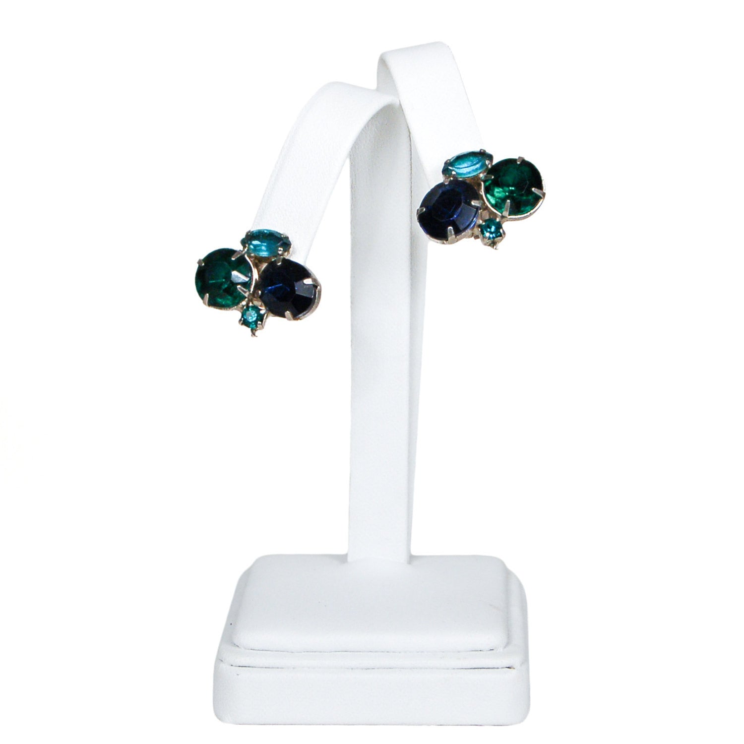 Peacock Blue Green Triplet Rhinestone Earrings by Unsigned Beauty - Vintage Meet Modern Vintage Jewelry - Chicago, Illinois - #oldhollywoodglamour #vintagemeetmodern #designervintage #jewelrybox #antiquejewelry #vintagejewelry