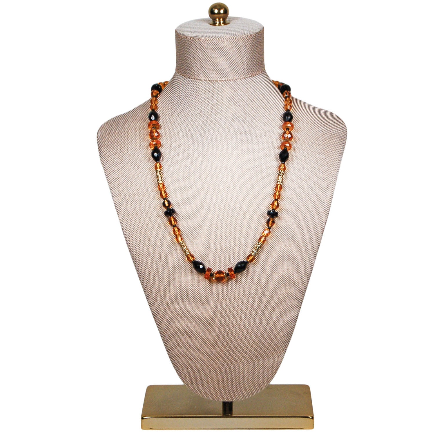 Art Deco Necklace, Amber and Black Glass Beads, Filigree Accents, Czech Crystal, 1920s, 1930s by Unsigned Beauty - Vintage Meet Modern Vintage Jewelry - Chicago, Illinois - #oldhollywoodglamour #vintagemeetmodern #designervintage #jewelrybox #antiquejewelry #vintagejewelry