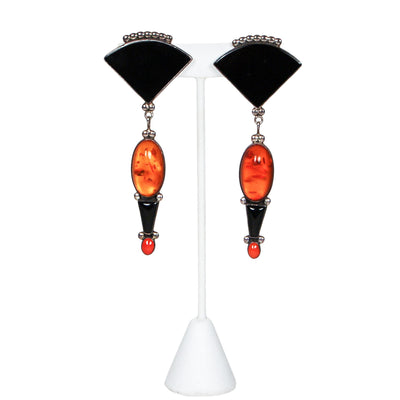 Onyx, Amber, Coral Statement Earrings, Sterling Silver, Artisan, Made in Mexico, Clip, Dangle, Drop by Mexico - Vintage Meet Modern Vintage Jewelry - Chicago, Illinois - #oldhollywoodglamour #vintagemeetmodern #designervintage #jewelrybox #antiquejewelry #vintagejewelry