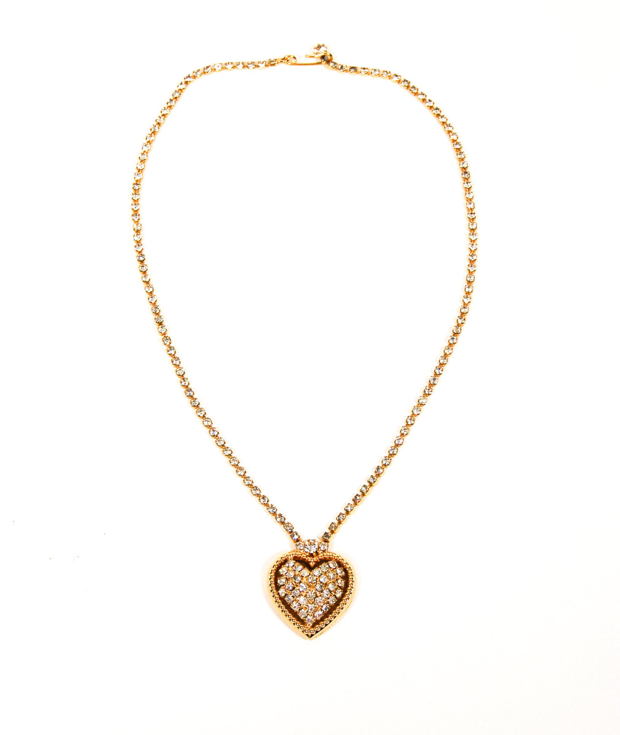 Rhinestones Heart Necklace in Gold Tone by Unsigned Beauty - Vintage Meet Modern Vintage Jewelry - Chicago, Illinois - #oldhollywoodglamour #vintagemeetmodern #designervintage #jewelrybox #antiquejewelry #vintagejewelry