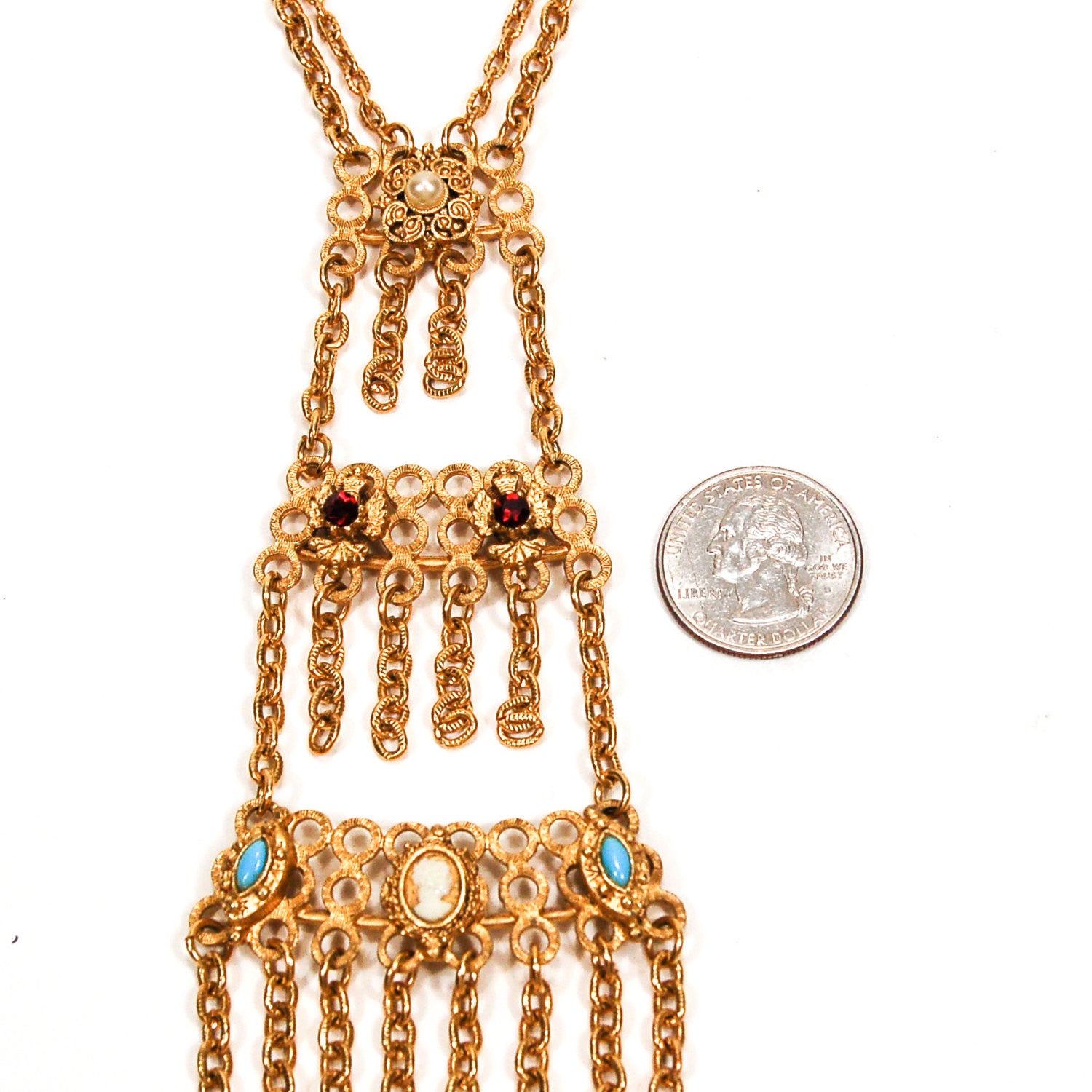 Florenza Tassel Necklace, Victorian Revival accented with Garnet Rhinestones, Turquoise, Pearls, Cameo by Florenza - Vintage Meet Modern Vintage Jewelry - Chicago, Illinois - #oldhollywoodglamour #vintagemeetmodern #designervintage #jewelrybox #antiquejewelry #vintagejewelry
