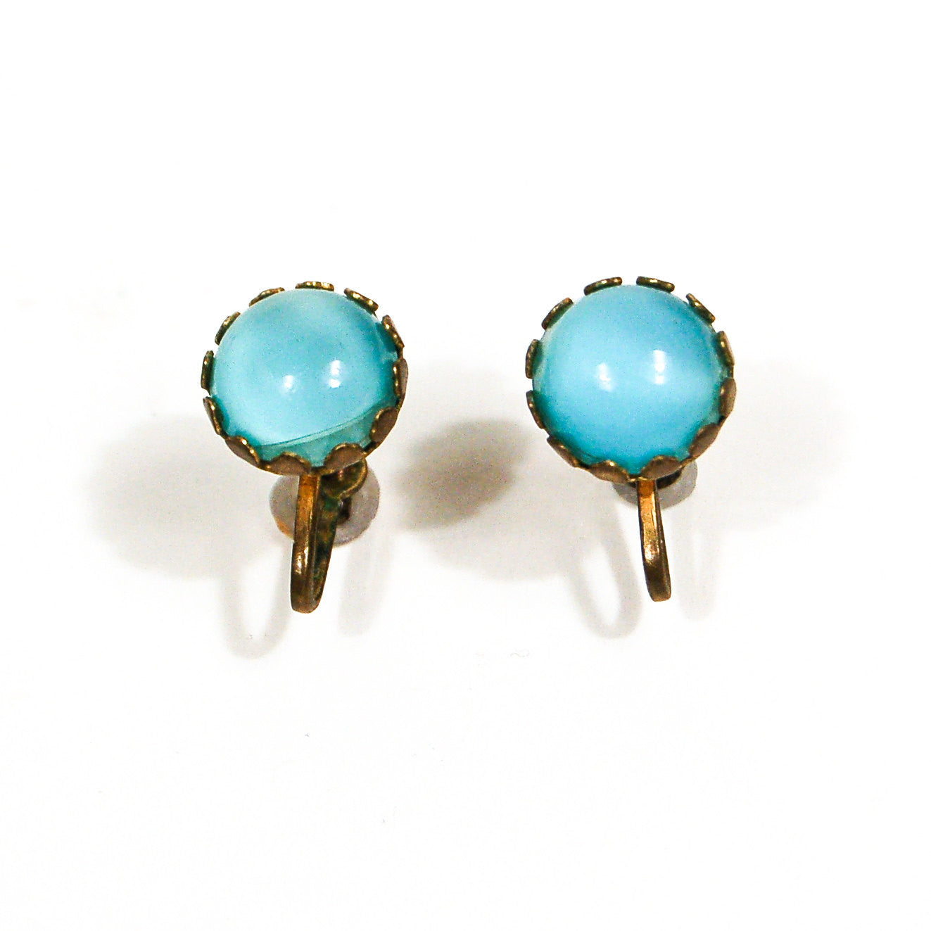 Art Deco Light Blue Glass Earrings set in Antique Gold Tone by Art Deco Era - Vintage Meet Modern Vintage Jewelry - Chicago, Illinois - #oldhollywoodglamour #vintagemeetmodern #designervintage #jewelrybox #antiquejewelry #vintagejewelry