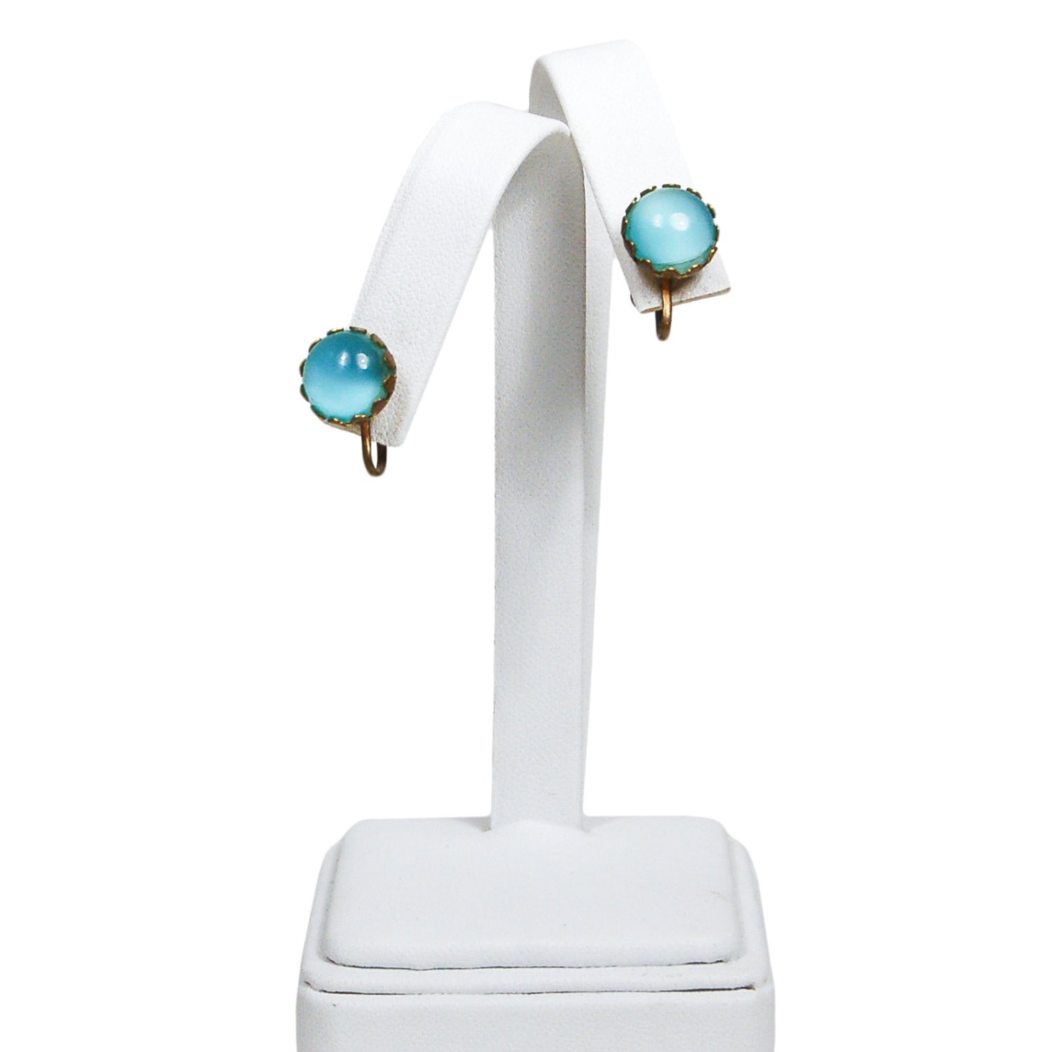 Art Deco Light Blue Glass Earrings set in Antique Gold Tone by Art Deco Era - Vintage Meet Modern Vintage Jewelry - Chicago, Illinois - #oldhollywoodglamour #vintagemeetmodern #designervintage #jewelrybox #antiquejewelry #vintagejewelry