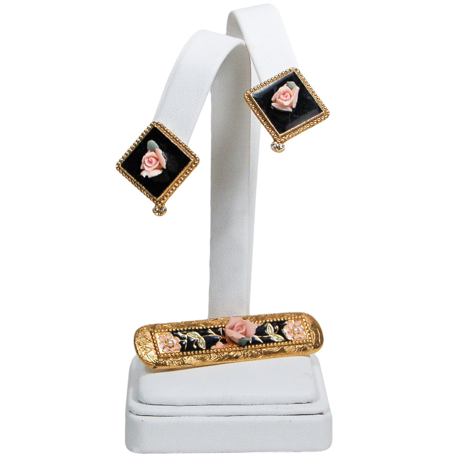 Art Deco Pink Rose and Pearl Bar Pin Brooch and Earring Set by Unsigned Beauty - Vintage Meet Modern Vintage Jewelry - Chicago, Illinois - #oldhollywoodglamour #vintagemeetmodern #designervintage #jewelrybox #antiquejewelry #vintagejewelry