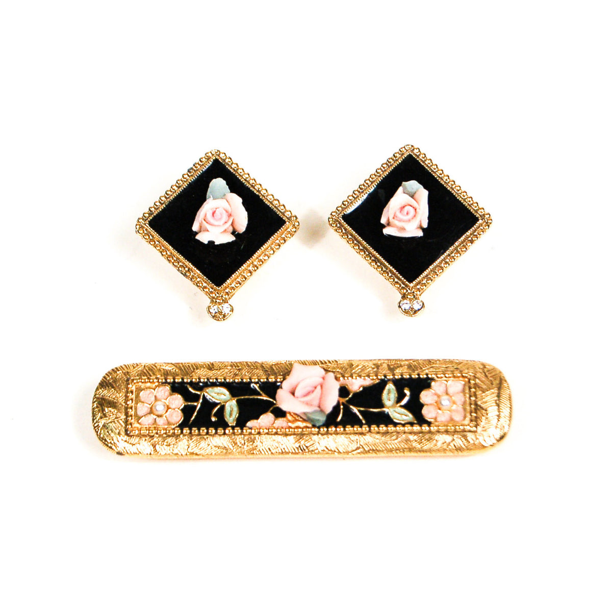 Art Deco Pink Rose and Pearl Bar Pin Brooch and Earring Set