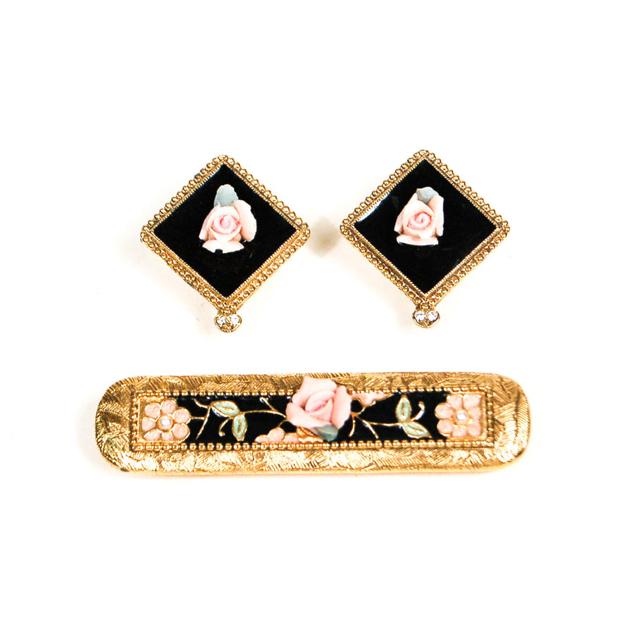 Art Deco Pink Rose and Pearl Bar Pin Brooch and Earring Set by Unsigned Beauty - Vintage Meet Modern Vintage Jewelry - Chicago, Illinois - #oldhollywoodglamour #vintagemeetmodern #designervintage #jewelrybox #antiquejewelry #vintagejewelry