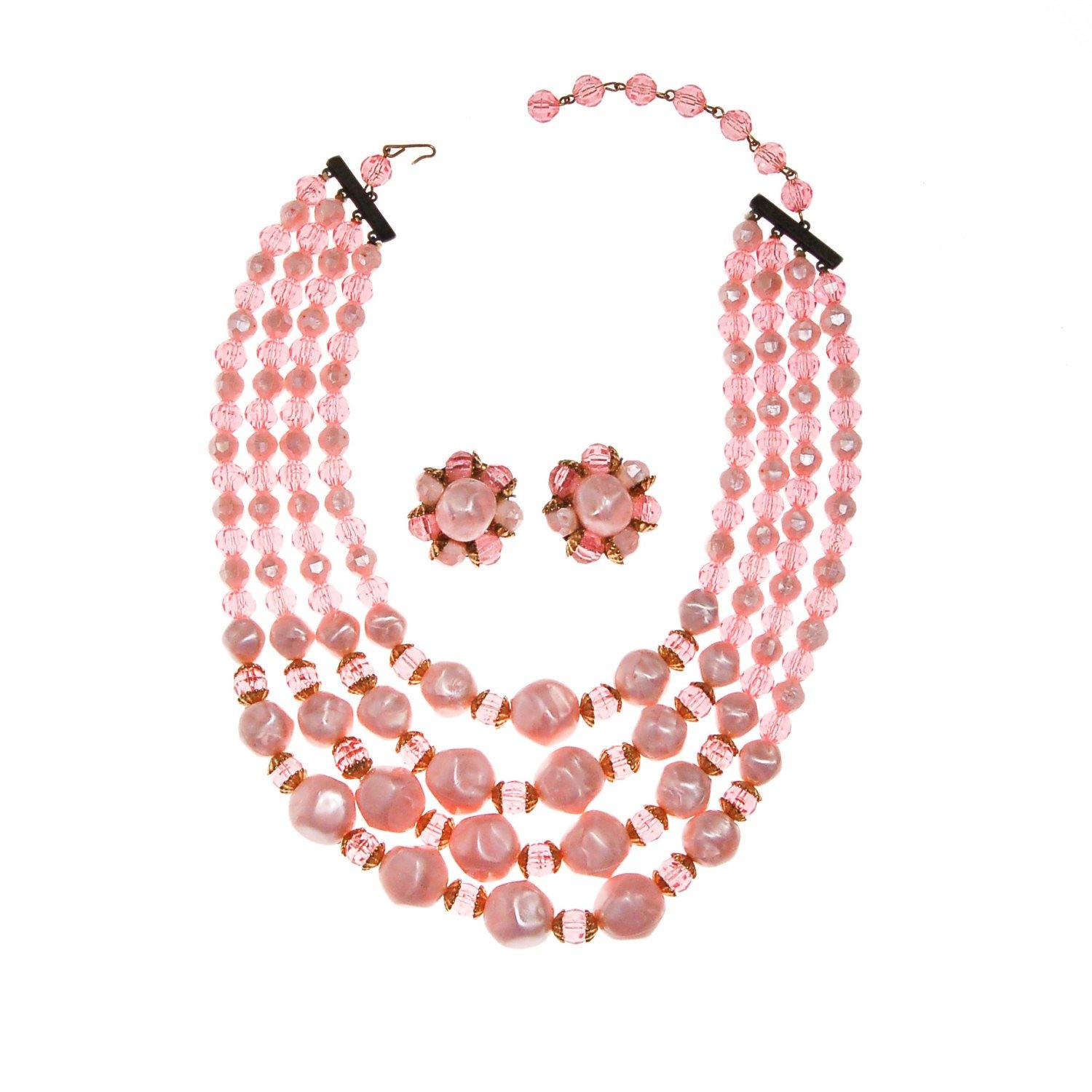 Pink Multi Strand Chunky Bead Necklace by Unsigned Beauty - Vintage Meet Modern Vintage Jewelry - Chicago, Illinois - #oldhollywoodglamour #vintagemeetmodern #designervintage #jewelrybox #antiquejewelry #vintagejewelry