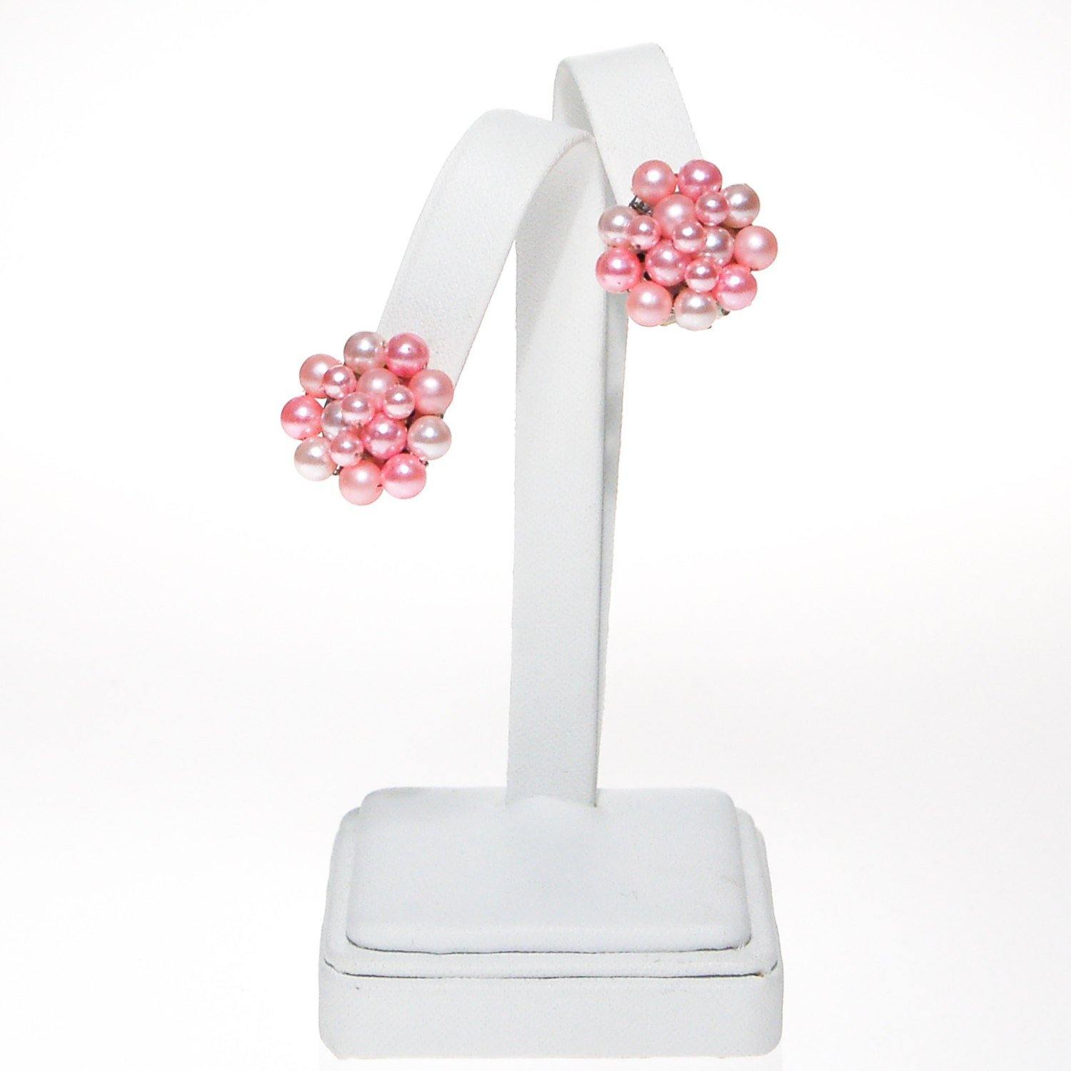 Pink Pearl Earrings, Cluster Style, Clip On Earrings, Pastel Pink Mid Century Modern, Old Hollywood Glam, Signed Japan by 1950s - Vintage Meet Modern Vintage Jewelry - Chicago, Illinois - #oldhollywoodglamour #vintagemeetmodern #designervintage #jewelrybox #antiquejewelry #vintagejewelry