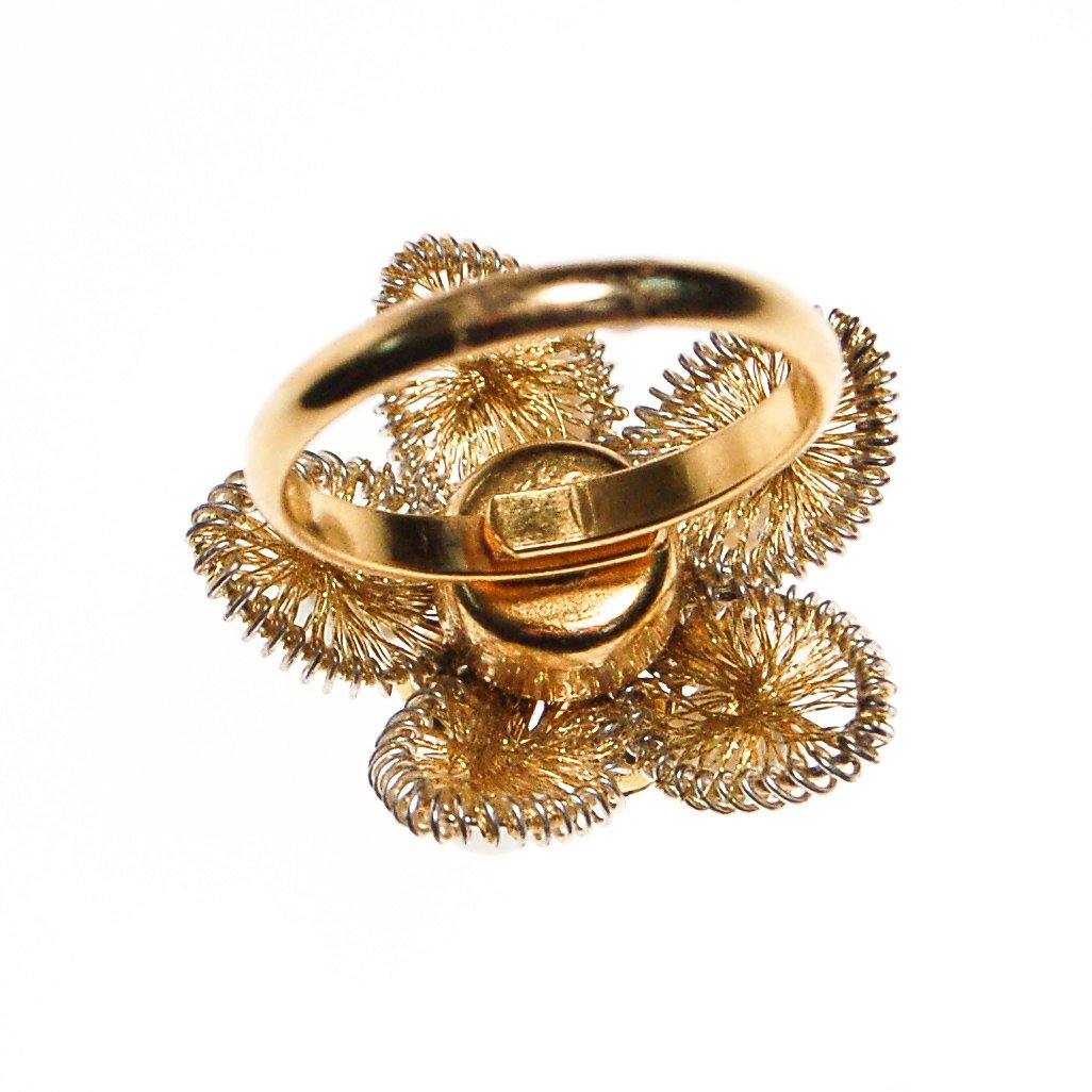 Gold Filigree, Rhinestones, and Pearl Flower Ring by 1960s - Vintage Meet Modern Vintage Jewelry - Chicago, Illinois - #oldhollywoodglamour #vintagemeetmodern #designervintage #jewelrybox #antiquejewelry #vintagejewelry