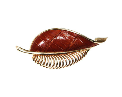 Boucher Leaf Brooch, Gold Tone, Leather, Signed, Numbered, by 1960s - Vintage Meet Modern Vintage Jewelry - Chicago, Illinois - #oldhollywoodglamour #vintagemeetmodern #designervintage #jewelrybox #antiquejewelry #vintagejewelry