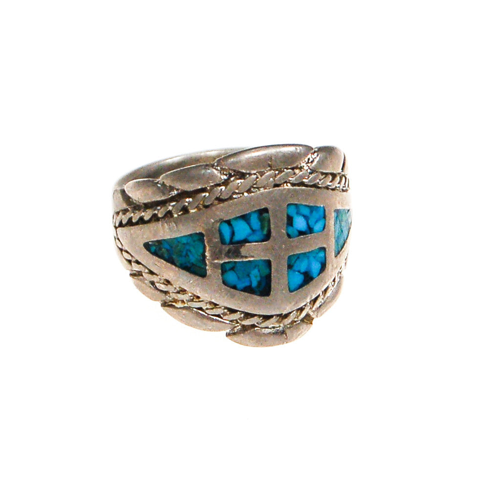 Vintage Turquoise Inlay Ring, Southwestern, Boho, Silver, Wide Band, Statement Ring, Ring Size 9, by Unsigned Beauty - Vintage Meet Modern Vintage Jewelry - Chicago, Illinois - #oldhollywoodglamour #vintagemeetmodern #designervintage #jewelrybox #antiquejewelry #vintagejewelry