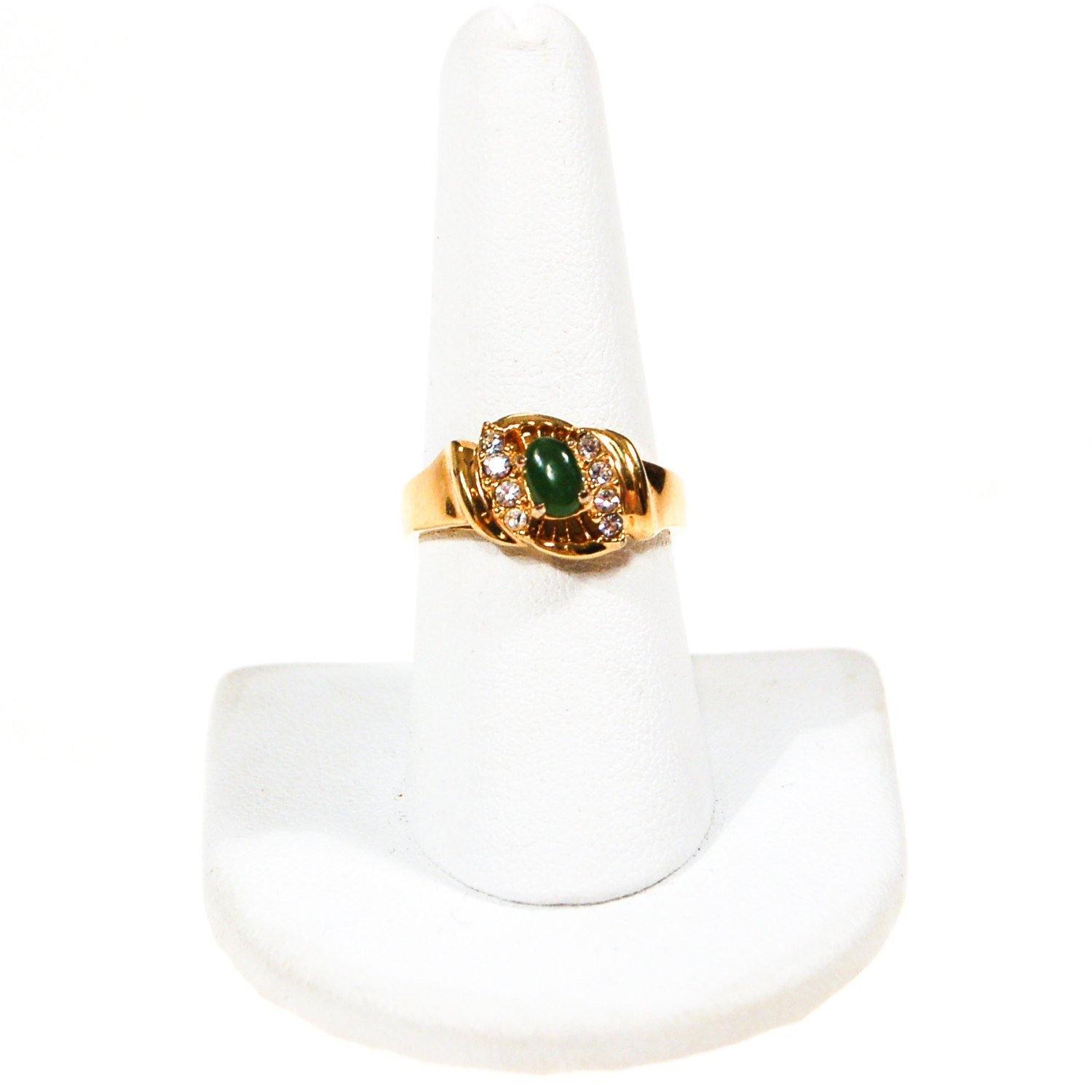 Faux Green Jade and CZ Statement Ring, Gold Tone, Designer Jewelry, Mid Century Modern 1950s, 1960s Era, Ring Size 8 by 1960s - Vintage Meet Modern Vintage Jewelry - Chicago, Illinois - #oldhollywoodglamour #vintagemeetmodern #designervintage #jewelrybox #antiquejewelry #vintagejewelry