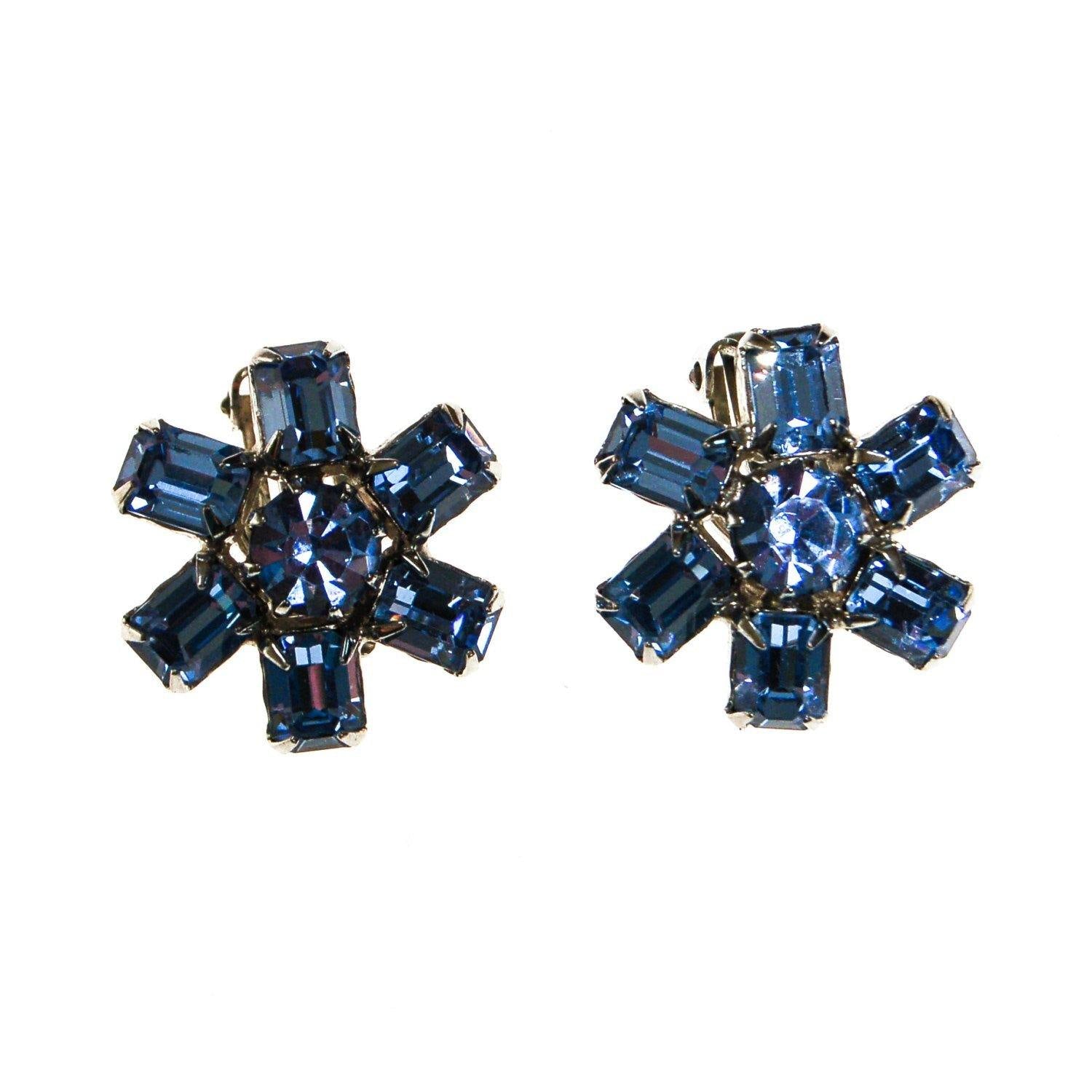 Weiss Blue Baguette Rhinestone Earrings, Rhinestone Flower Earrings, Blue Crystal Earrings, Something Blue. Silver Tone, Something Blue by Weiss - Vintage Meet Modern Vintage Jewelry - Chicago, Illinois - #oldhollywoodglamour #vintagemeetmodern #designervintage #jewelrybox #antiquejewelry #vintagejewelry