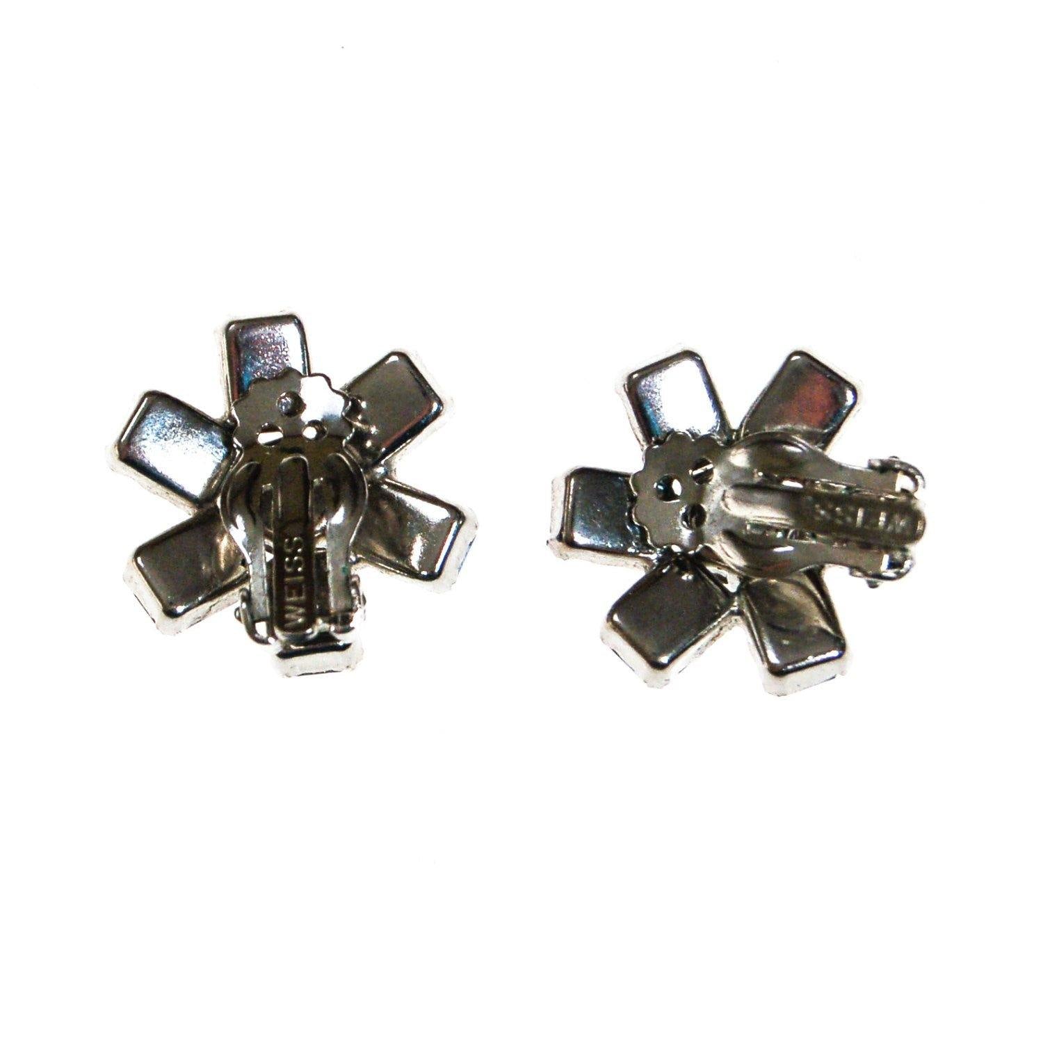 Weiss Blue Baguette Rhinestone Earrings, Rhinestone Flower Earrings, Blue Crystal Earrings, Something Blue. Silver Tone, Something Blue by Weiss - Vintage Meet Modern Vintage Jewelry - Chicago, Illinois - #oldhollywoodglamour #vintagemeetmodern #designervintage #jewelrybox #antiquejewelry #vintagejewelry