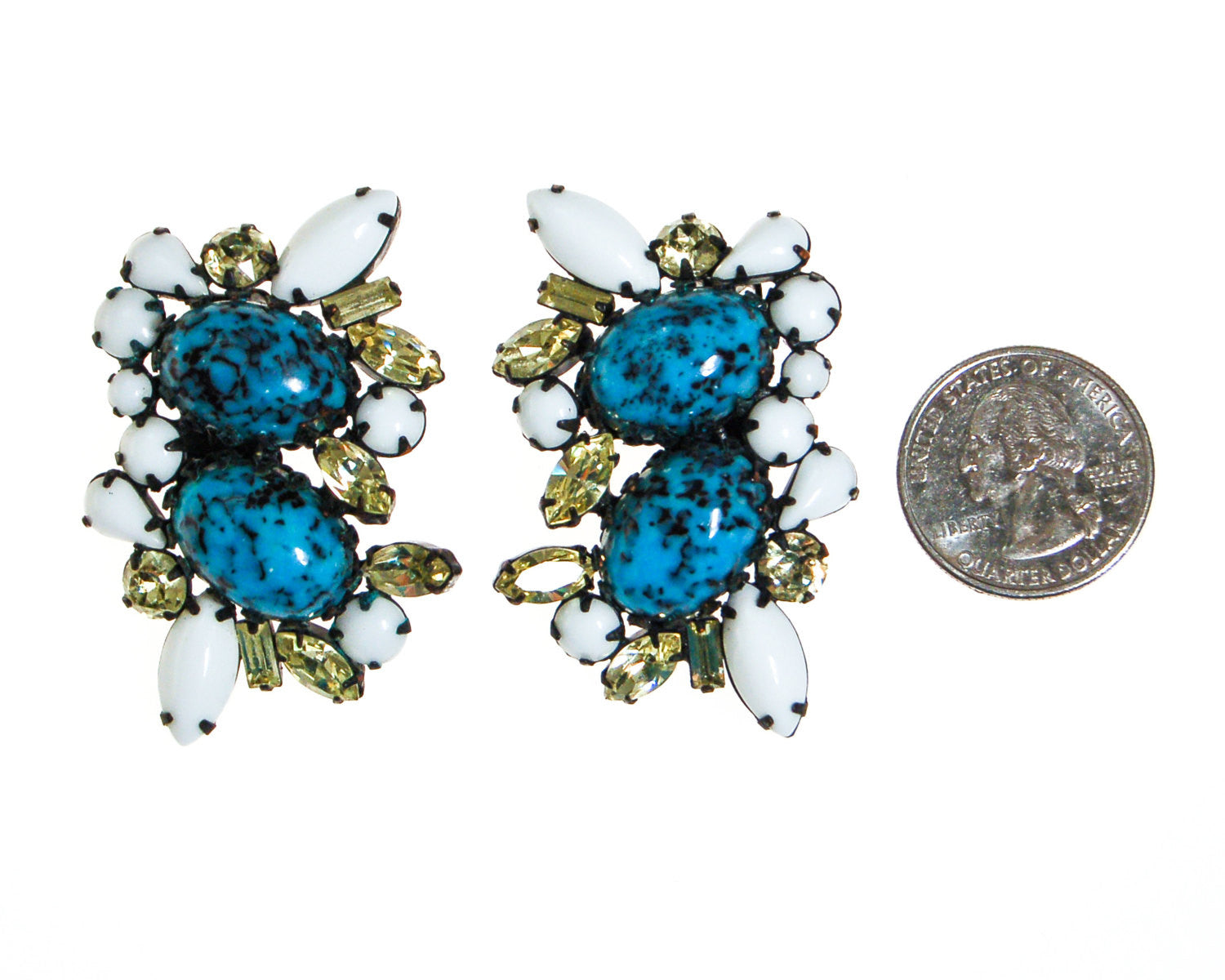 Turquoise & Milk Glass, Yellow Citrine Rhinestone Earrings, Statement Earrings by Unsigned Beauty - Vintage Meet Modern Vintage Jewelry - Chicago, Illinois - #oldhollywoodglamour #vintagemeetmodern #designervintage #jewelrybox #antiquejewelry #vintagejewelry
