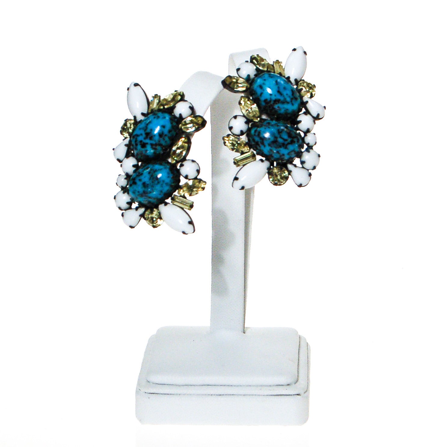 Turquoise & Milk Glass, Yellow Citrine Rhinestone Earrings, Statement Earrings by Unsigned Beauty - Vintage Meet Modern Vintage Jewelry - Chicago, Illinois - #oldhollywoodglamour #vintagemeetmodern #designervintage #jewelrybox #antiquejewelry #vintagejewelry