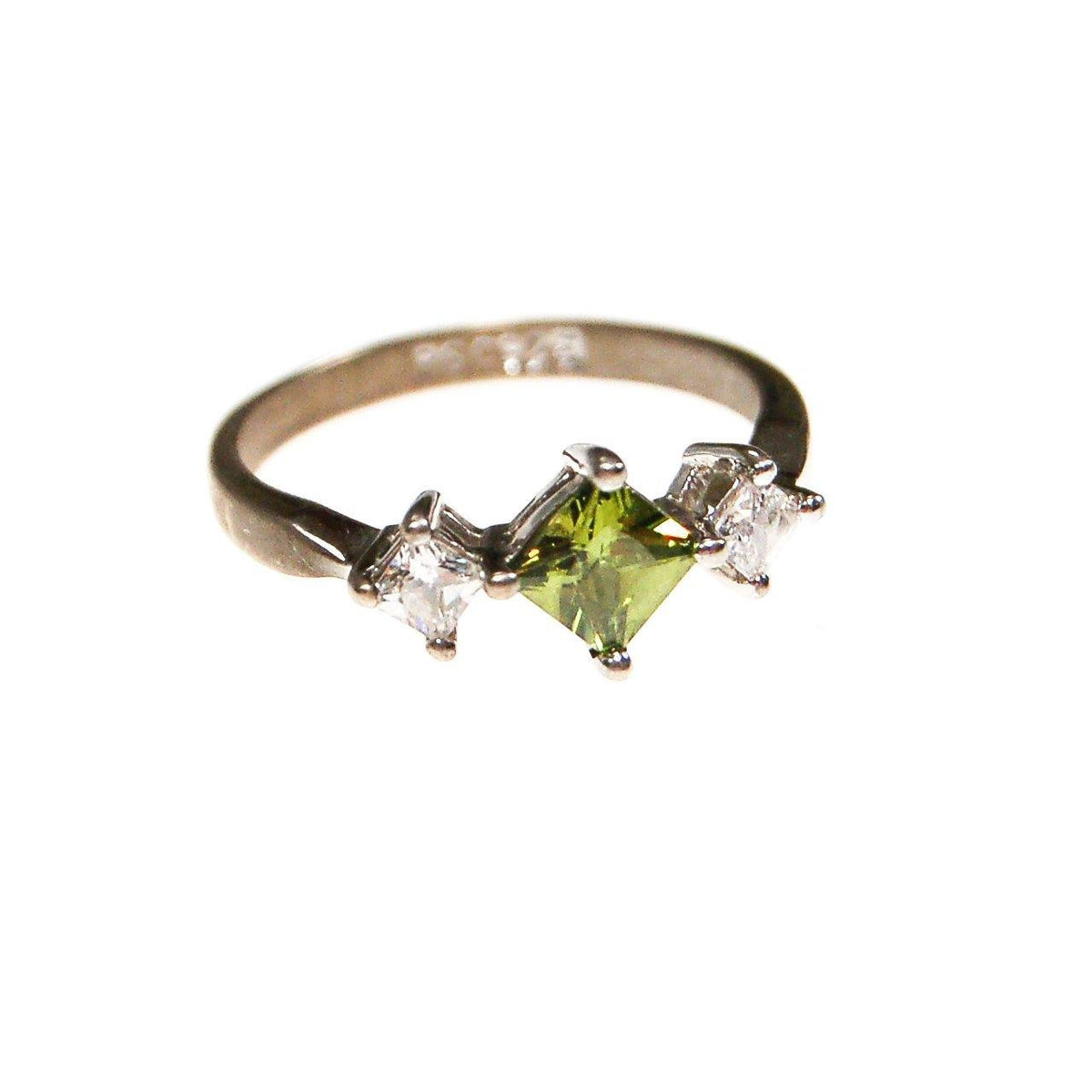 Green and Diamante CZ Ring, RS Covenant, Sterling Silver, Princess Cut Stones, Ring Size 8, Three Stone Ring