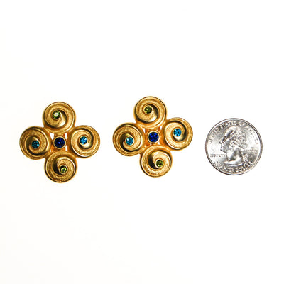 Anne Klein Couture Etruscan Earrings Brushed Gold Tone with Blue and Green Rhinestones by Anne Klein Couture - Vintage Meet Modern Vintage Jewelry - Chicago, Illinois - #oldhollywoodglamour #vintagemeetmodern #designervintage #jewelrybox #antiquejewelry #vintagejewelry