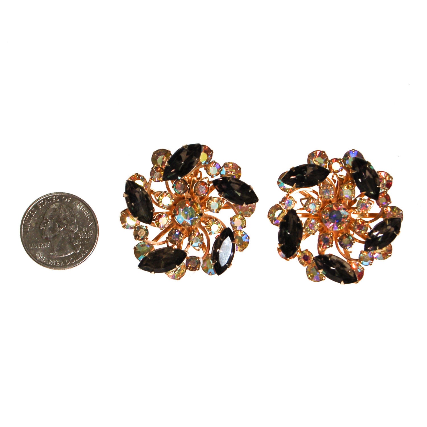 Black Diamond and Aurora Borealis Rhinestone Statement Earrings by Unsigned Beauty - Vintage Meet Modern Vintage Jewelry - Chicago, Illinois - #oldhollywoodglamour #vintagemeetmodern #designervintage #jewelrybox #antiquejewelry #vintagejewelry