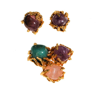 Vogue Jewelry Green,Purple Jade and Rose Quartz Brooch and Earrings Set by Vogue Jewelry - Vintage Meet Modern Vintage Jewelry - Chicago, Illinois - #oldhollywoodglamour #vintagemeetmodern #designervintage #jewelrybox #antiquejewelry #vintagejewelry